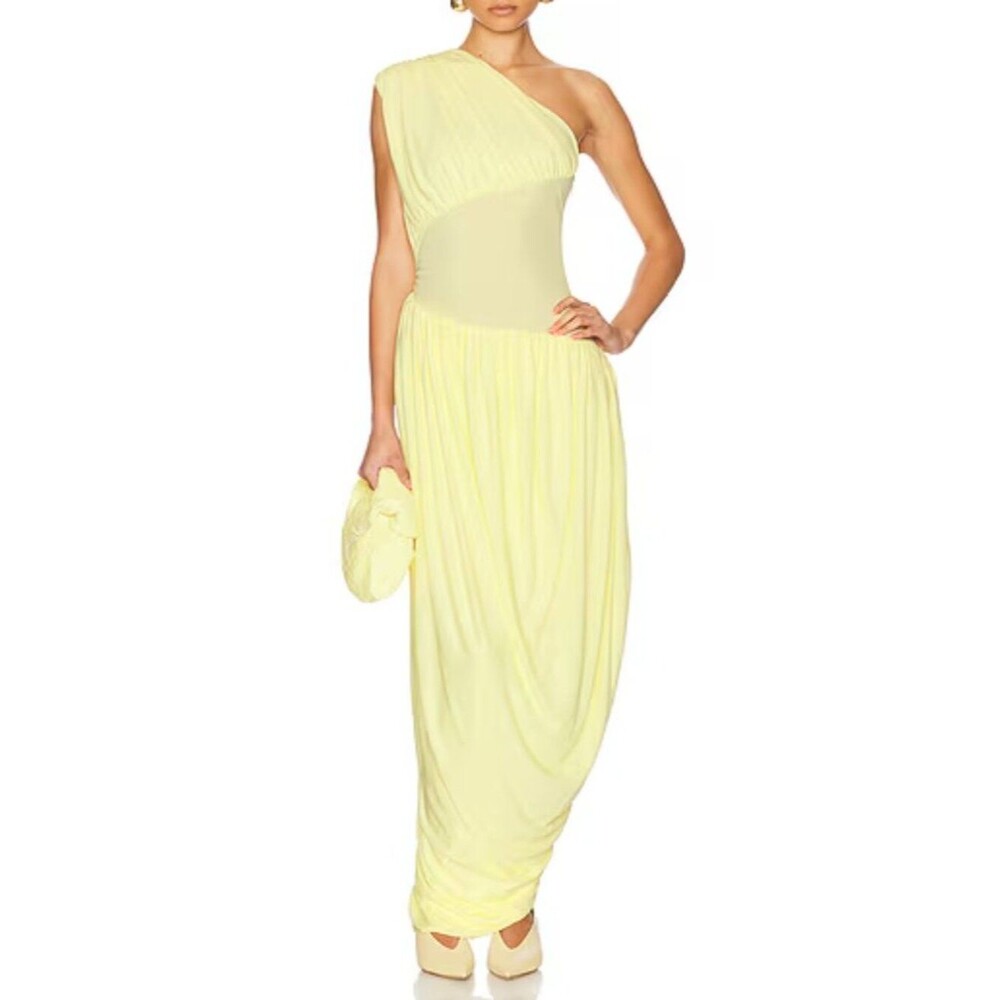 NWT Helsa Maxi Dress Butter Yellow Amphora One Shoulder Wedding Guest size S